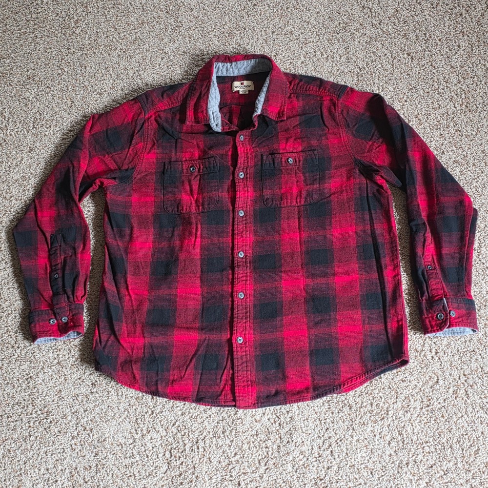 Woolrich Mens XL Red Black Buffalo Plaid Flannel‎ Button Down Shirt Cotton